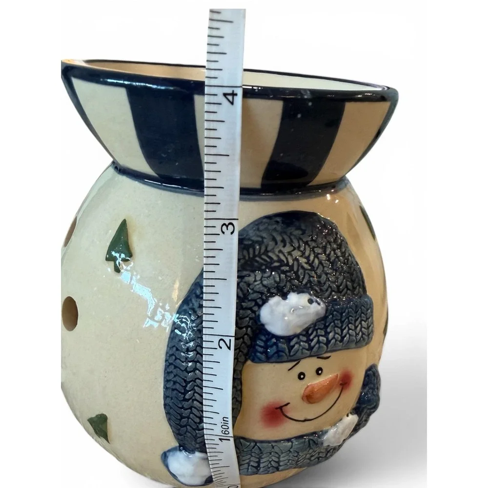 Chesapeake Bay Ltd Snowman Ceramic Tea Light Wax Warmer Blue Cream Winter Decor